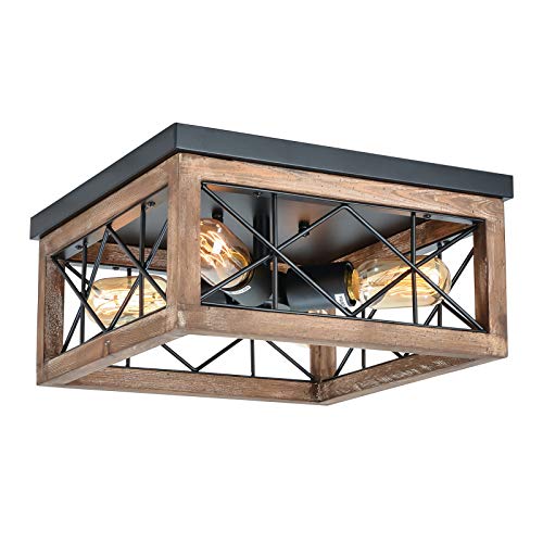 Eyassi Wood Flush Mount Ceiling Lights, 4-Lights Farmhouse Close to Ceiling Lighting Fixtures Black Wooden Ceiling Lamp for Kitchen Island Living Room Bedroom Hallway Laundry Entryway