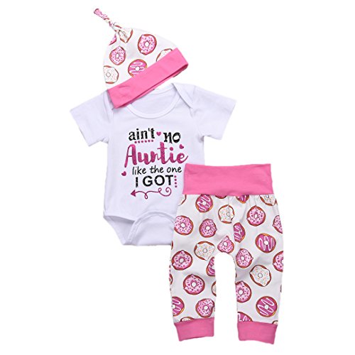 YOUNGER TREE Newborn Baby Letter Romper and Pants and Hats Outfit Set Short Sleeve Summer Clothing (White, 80/3-6 Months)