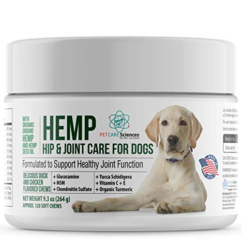 Hemp Hip and Joint Care for Dogs, Also for Stress and Anxiety, Calming Chew with Turmeric, Glucosamine Chondroitin,MSM, Made in The USA,120 Tasty Chicken Flavor Soft Chews