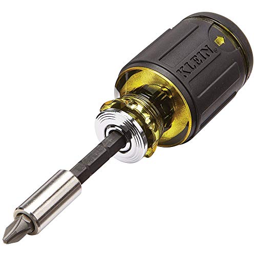 Klein Tools 32308 Multi-bit Stubby Screwdriver, Impact Rated 8-in-1 Adjustable Magnetic Tool with Phillips, Slotted, Square and Nut Driver