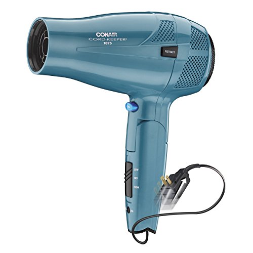 Conair 1875 Watt Cord Keeper Hair Dryer with Folding Handle and Retractable Cord, Travel Hair Dryer, Teal