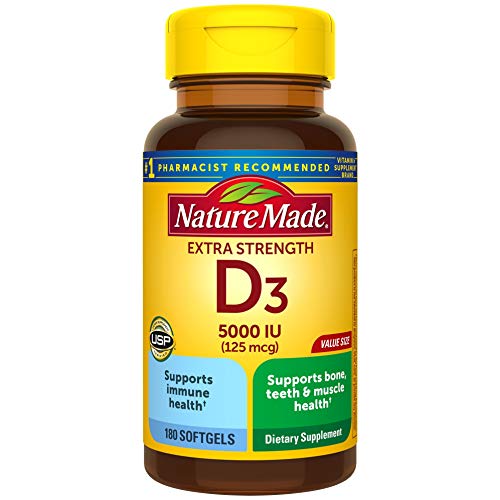 Nature Made Extra Strength Vitamin D3 5000 IU (125 mcg) Softgels, 180 Count for Bone Health† (Packaging May Vary)