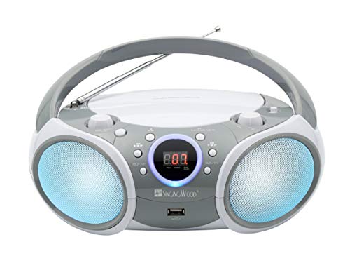 SINGING WOOD CD/CD-R/CD-RW Boombox Portable/w Bluetooth, USB, AM/FM Radio, AUX-Input, Headset Jack, Foldable Carrying Handle and LED Light (Space Grey)