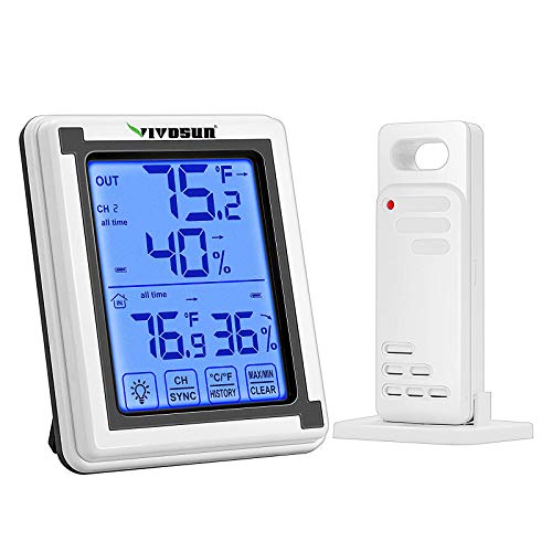 VIVOSUN Digital Hygrometer Indoor Outdoor Thermometer Humidity Monitor with Touchscreen LCD Backlight, Temperature Gauge Meter 200ft/60m Range Wireless Thermometer and Hygrometer, Battery Included