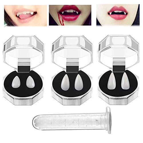 Gustum 3 Pairs Vampire Teeth Fangs with 1 Tube Teeth Pellets Adhesive Halloween Horror Party Cosplay Costumes Accessory Prop Decoration White