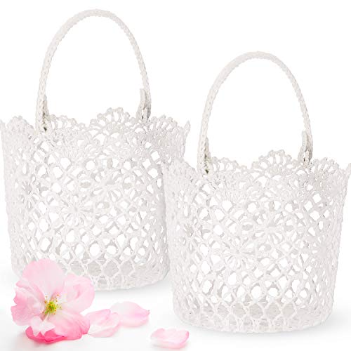 WILLBOND 2 Packs White Basket Handle Wedding Flower Girl Baskets, 5.90 x 4.72 x 4.33 Inch