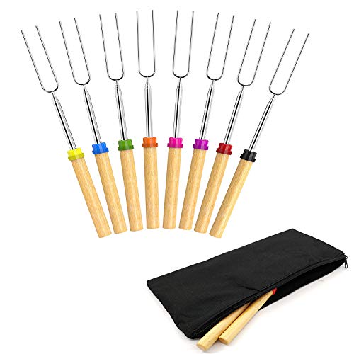 Marshmallow Roasting Smores Sticks 32-inch Wooden Handle Extendable Sturdy Stainless Steel Roasting Forks for BBQ,Campfire,Hot Dog,Telescoping Camping Safe for Kids 8 Sticks with Storage Bag