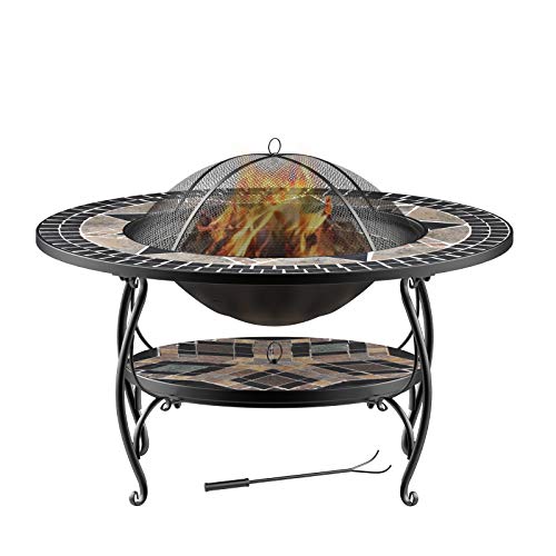 Mecor 3-in-1 Outdoor Fire Pit with Cooking Grate, 32' Mosaic Fire Pits Outdoor Wood Burning Steel BBQ Grill Firepit Bowl with Spark Screen Cover Log Grate Fire Poker for Backyard Bonfire Patio,Black