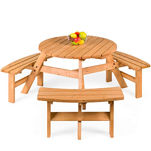 Best Choice Products 6-Person Circular Outdoor Wooden Picnic Table for Patio, Backyard, Garden, DIY w/ 3 Built-in Benches, Umbrella Hole - Natural