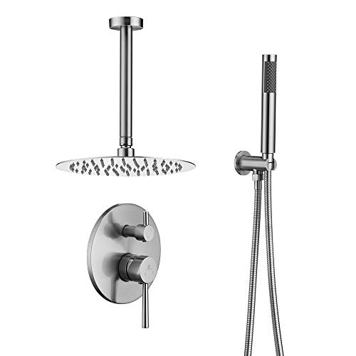 HOMELODY Shower System Ceiling Mount Shower Faucet Set Round Shower Combo Set with High Pressure 10' Rain Shower head and Handheld Shower Head Set with Pressure Balancing Valve, Brushed Nickel