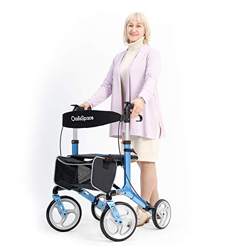 OasisSpace Aluminum Rollator Walker, with 10'' Wheels and Seat Compact Folding Design Lightweight Baking Complimentary Carry Bag (Blue)