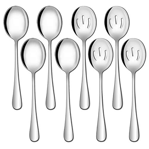 Hiware 8 Pack Stainless Steel Serving Spoons Set Includes 4 Serving Spoons and 4 Slotted Serving Spoons, Buffet Serving Utensils - Mirror Polished, Dishwasher Safe