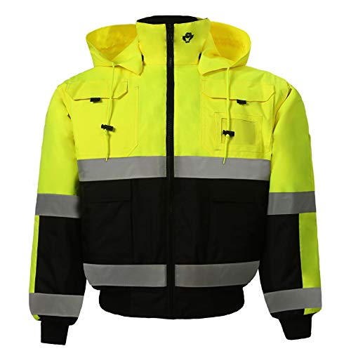 Safety Depot Safety Jacket Class 3 ANSI Approved 8 Pockets, Reversible Clear ID Pocket, Detachable Hood & 4 Pen Divider slots 350C (Lime, 2XL)