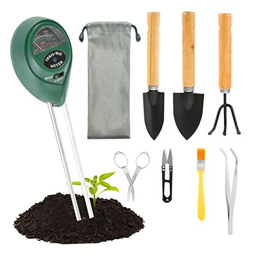 9Pcs Bonsai Garden Hand Tools Set with Soil Meter Test, Includes Pruner, Mini Spade, Mini Rake, Tweezers, Brush for Bonsai Miniature Garden