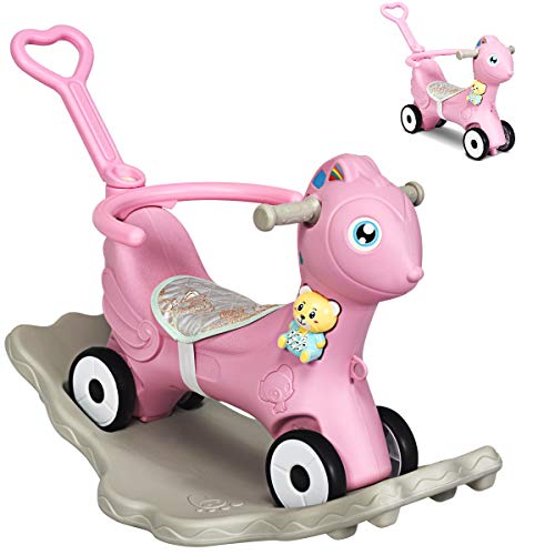 Costzon 4 in 1 Baby Rocking Horse, Ride on Push Car, Push and Ride Racer w/ Music, Safety Bar, Parental Handle, Cushion, Kids Sliding Cart Rocker for 1–5 Year Old, Toddler Boys & Girls Gift Toy, Pink