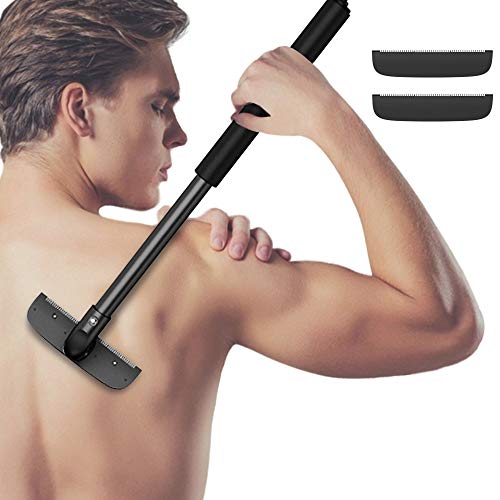 Back Shaver - Back Hair Removal and Body Shaver 3 Replacement Wider Safety Razor Blades Body Groomer Trimmer 18 Inch Stretch Ergonomic Handle Painless Wet or Dry Back Hair Shaver for Men