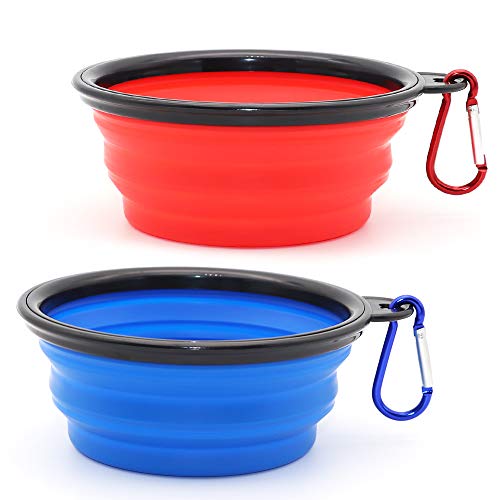 Collapsible Dog Bowl, 2 Pack Collapsible Dog Water Bowls for Cats Dogs, Portable Pet Feeding Watering Dish for Walking Parking Traveling with 2 Carabiners (Small, Blue+Red)