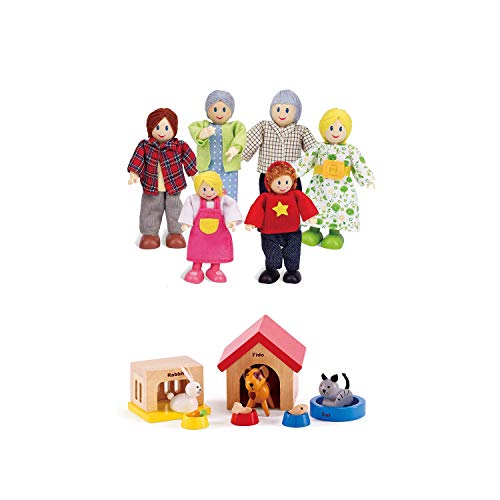 Hape Happy Family Dollhouse with Pet Set Award Winning Doll Family Set, Unique Accessory for Kid’s Wooden Dolls House, Imaginative Play Toy, 6 Family Figures, Adults 4.3' and Kids 3.5'