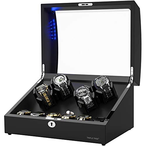 New Designed Watch Winder for 10 Automatic Watches,Built-in LED Illumination,Wood Shell Piano Paint Exterior and Extremely Silent Motor, with Soft Flexible Watch Pillow,USB Cable for Portable Power