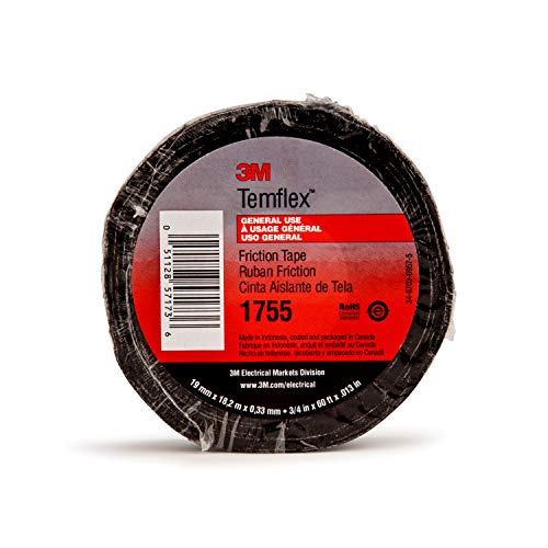 3M Temflex Cotton Friction Tape 1755, Black, 3/4 in x 60 ft