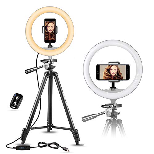 10' Selfie Ring Light with 50' Extendable Tripod Stand & Flexible Phone Holder for Live Stream/Makeup, UBeesize Mini Desktop Led Camera Ringlight for YouTube Video, Compatible with iPhone/Android