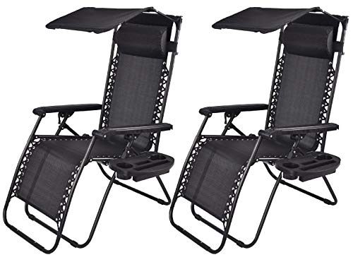 BTEXPERT 15044B-2 Two Pack, utillity Cup Holder Zero Gravity Chair Case Lounge Patio Pool Beach Yard Garden, Black with Canopy