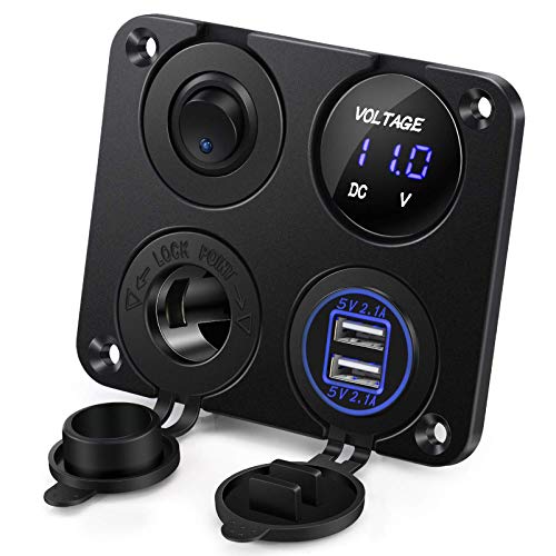 Kohree 12V Marine Car Charger Socket Panel, 4 in 1 Waterproof Boat Cell Phone Rocker Switch Panel with 12 Volt Dual USB Power Outlet Cigarette Lighter Socket for RV Marine Boat Camper Truck Automotive