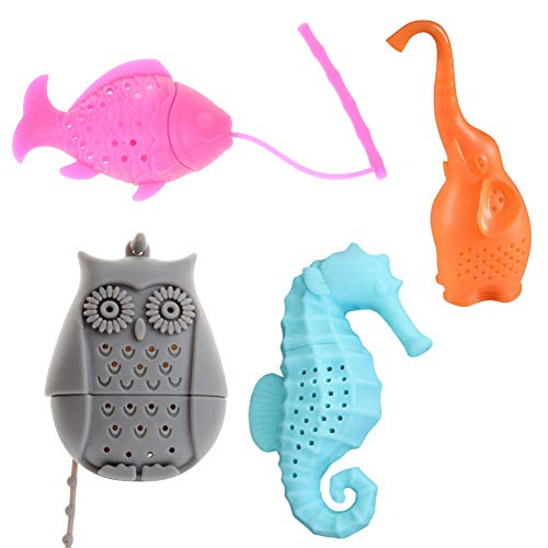 NUOMI Loose Leaf Tea Infuser Silicone Tea Strainers Filters 4 Pack, Long-Handled, Owl/Elephant/Sea-horse/Fish Shaped Infuser