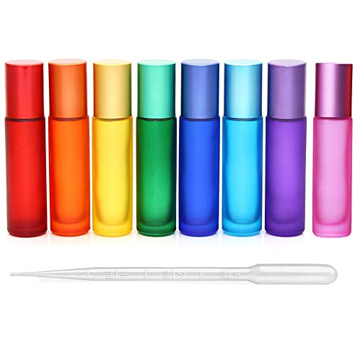 8Pcs 10ml(1/3oz) High-grade Colorful Frosted Roll on Bottles Thick Glass Massage Roller Bottles Tube Vials Containers for Essential Oils, Aromatherapy, Perfumes and Lip Balms+ 1pc 3ml Dropper