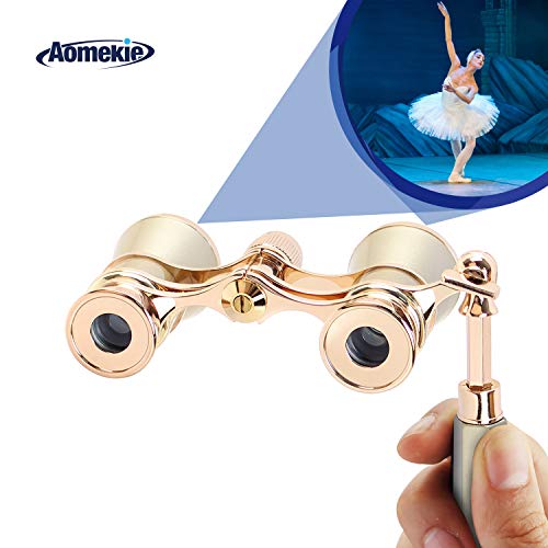 Aomekie Opera Glasses Binoculars 3X25 Theater Glasses Mini Binocular Compact with Handle for Adults Kids Women in Musical Concert（Gold）