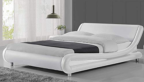 Amolife Upholstered Platform Bed King/Deluxe Solid Modern Bed Frame/Mattress Foundation/Faux Leather King Size Bed Frame with Adjustable Headboard and Wood Slat Support, White