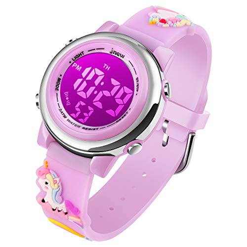Kids Watch Girls Age 3-10 - Upgrade 3D Cute Unicorn Cartoon 7 Color Lights Digital Waterproof Sports Outdoor LED Watches with Alarm Stopwatch for 3-10 Year Boys Girls Little Child Purple - Best Gift