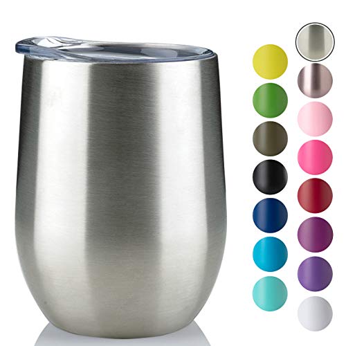 Jearey Stemless Wine Glass Tumbler 12 oz Stainless Steel Double Wall Vacuum Insulated Wine Cup with Lid Travel Friendly (1 Pack, Stainless Steel)