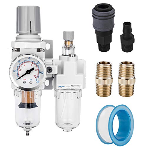 NANPU 1/4' NPT Compressed Air Filter Regulator Lubricator Combo Water/Oil Trap Separator - Gauge(0-150 psi), Poly Bowl, Semi-Auto Drain, Bracket - 3 in 1 Two Unit