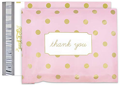 Pack It Chic - 10X13 (100 Pack) Pink Polka Dot - Thank You Poly Mailer Envelope Plastic Custom Mailing & Shipping Bags - Self Seal