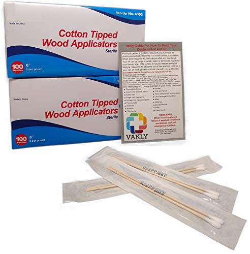 400 Sterile 6' Cotton Tip Applicator 2 Boxes of 100 Packs of 2 - Plus Vakly First Aid Kit Guide