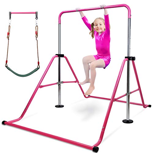 Gymnastics Bar for Kids with Swing Seat Set, Adjustable Height Folding Gymnastic Junior Training Bar Children Monkey Horizontal Bars - Max Load 170LBS(Pink)