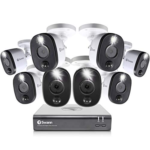 Swann Home Security Camera System, 8 Channel 8 Bullet Cameras, 1080p HD DVR, Indoor/Outdoor Wired Surveillance CCTV, Night Vision, Motion Sensor Lights, Alexa + Google, 1TB Hard Drive, SWDVK-845808WL