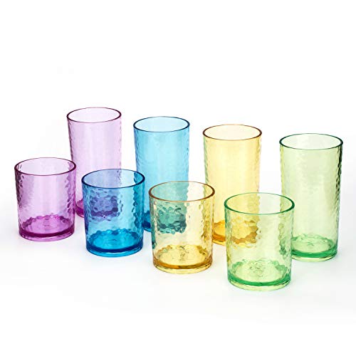 14-ounce and 20-ounce Acrylic Glasses Plastic Tumbler, set of 8 Multicolor - Hammered Style, Dishwasher Safe, BPA Free