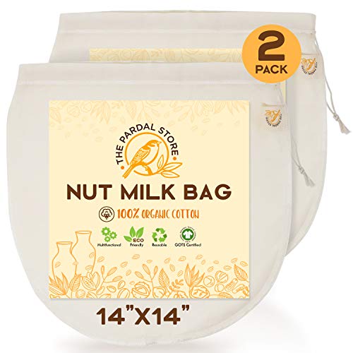 2 Pcs Of Nut Milk Bags For Straining - 14'x14' Reusable Organic Cotton Nut Bag - Easy To Clean, Easy To Use Nut Milk Bag For Celery Juice, Oat Milk, Almond Milk And Cheese Making