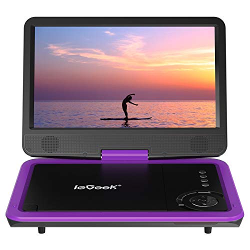 ieGeek 12.5' Portable DVD Player, Car Travel DVD Players with 5 Hrs Rechargeable Battery, Region-Free Video Player with HD Swivel Screen for Kids Elderly, Remote Control, Sync TV, USB&SD (Purple)