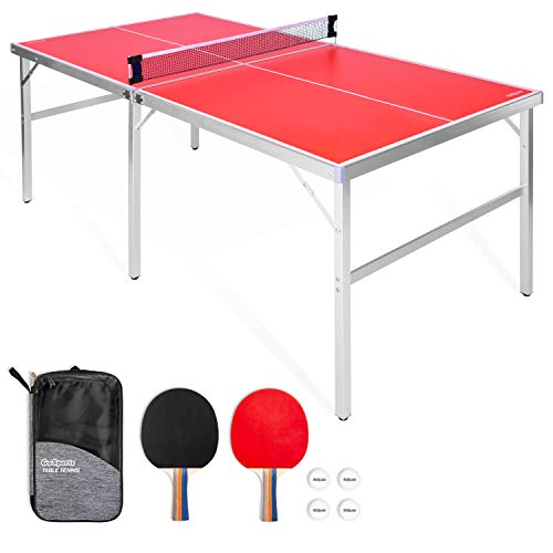 GoSports 6’ x 3’ Mid-Size Table Tennis Game Set | Indoor / Outdoor Portable Table Tennis Game with Net, 2 Table Tennis Paddles and 4 Balls, Red