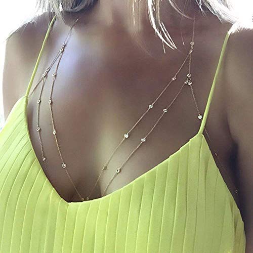 Bohemian Chain Bra Sexy Beads Shiny Luxury Long Rhinestone Bra Body Chains Statement Body Chain Jewelry Cross for Women Beach Body Accessories (Gold, Double-Layered)