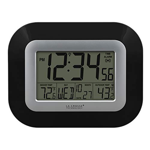 La Crosse Technology WS-8115U-B Atomic Digital Wall Clock with Indoor and Outdoor Temperature, Black