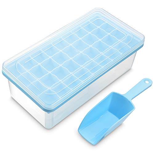 Ice Cube Tray With Lid and Bin | 32 Nugget Silicone Ice Tray For Freezer | Comes with Ice Container, Scoop and Cover | Good Size Ice Bucket