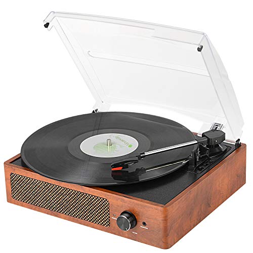 Bluetooth Record Player Belt-Driven 3-Speed Turntable, Vintage Vinyl Record Players Built-in Stereo Speakers, with Headphone Jack/Aux Input/RCA Line Out, Wooden