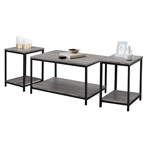 Zenvida 3 Piece Table Set - Includes Coffee Table and Two End Tables, Modern Industrial Metal and Wood Occasional Tables