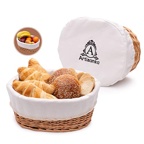 Artizanka Large Bread Basket for Serving Set - 12x9” Wicker Basket with Removable Liner and Cover, Bread Storage and Bread Serving Basket for Homemade Sourdough Bread. Pantry and Fruit Basket