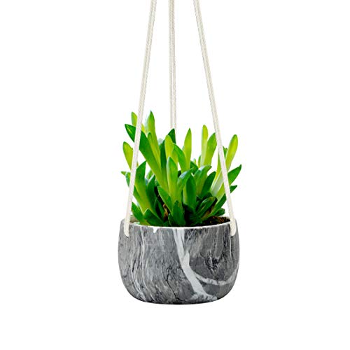 Mecai 5 Inch Ceramic Hanging Planter Macrame Plant Holder Cute Succulent Cactus Pot with Cotton Rope Hanger for Indoor Outdoor Décor(Dark Grey)