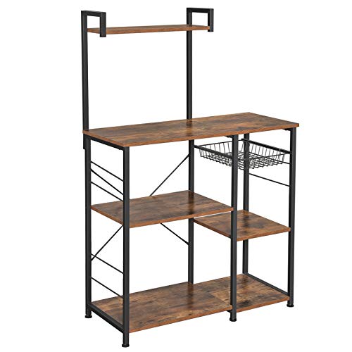 VASAGLE Baker’s Rack with Shelves, Kitchen Shelf with Wire Basket, 6 S-Hooks, Microwave Oven Stand, Utility Storage for Spices, Pots, and Pans, Rustic Brown and Black UKKS35X